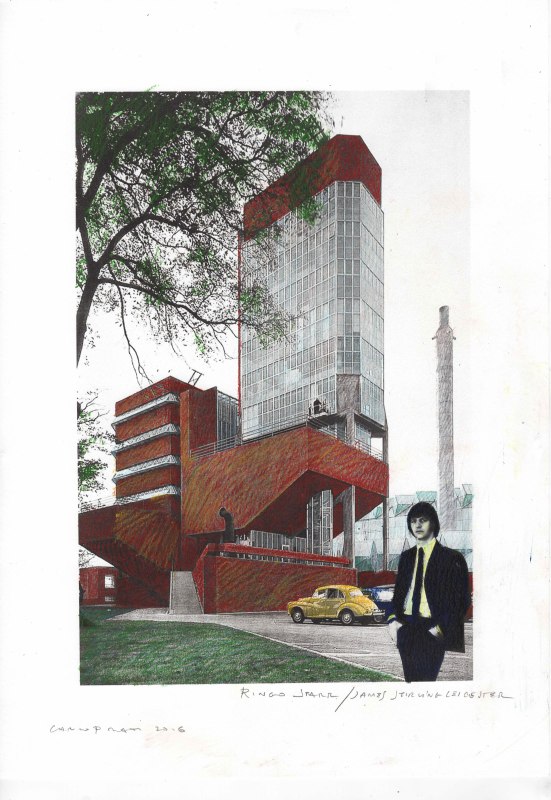 Ringo Starr at James Stirling's Leicester Engineering Building Tecnica mista 30x40 cm. 2016